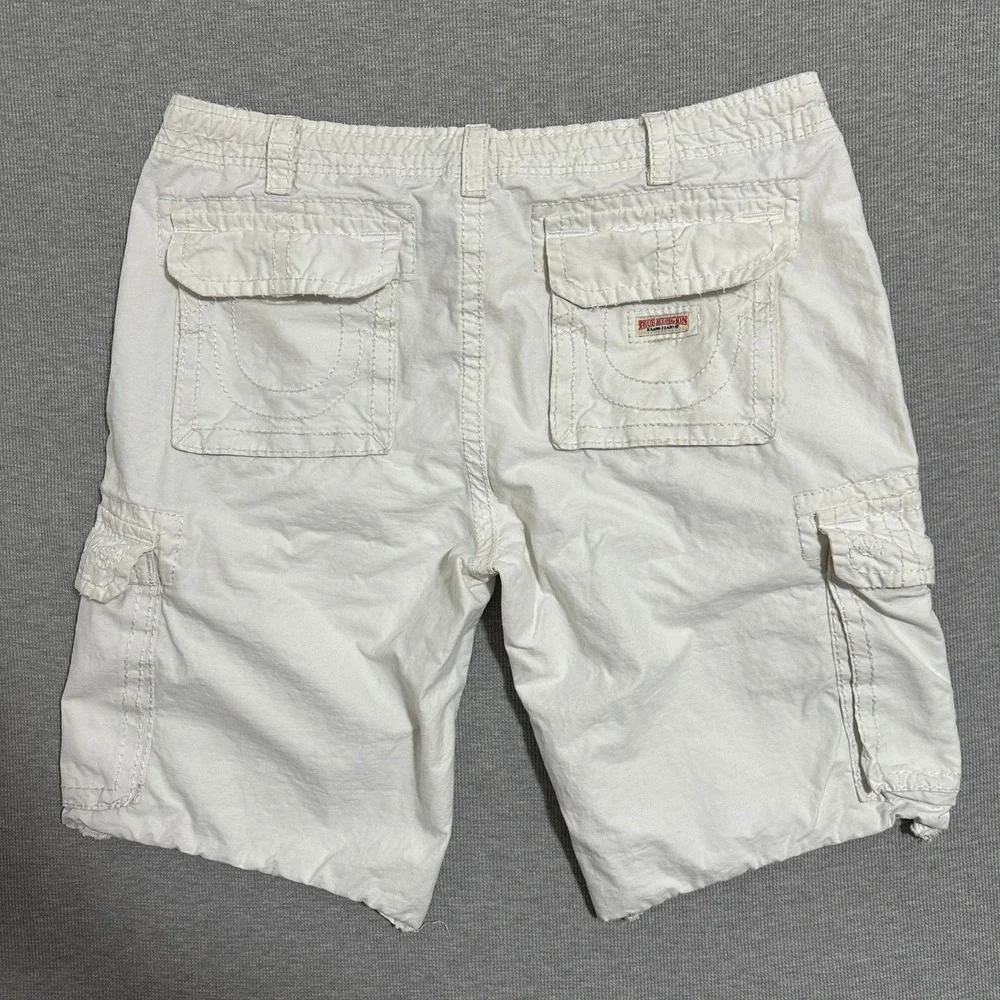 Y2K True Religion Cargo Shorts Mens Size 38 White Contrast Stitch Buddha Logos